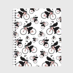 Тетрадь с принтом Панды На Велосипеде в Кировске, 100% бумага | 48 листов, плотность листов — 60 г/м2, плотность картонной обложки — 250 г/м2. Листы скреплены сбоку удобной пружинной спиралью. Уголки страниц и обложки скругленные. Цвет линий — светло-серый
 | велосипед | мишки | панда | паттерн