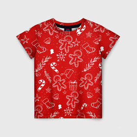 Детская футболка 3D с принтом Новогоднее настроение RED в Кировске, 100% гипоаллергенный полиэфир | прямой крой, круглый вырез горловины, длина до линии бедер, чуть спущенное плечо, ткань немного тянется | настроение | новый год | печенье | подарки