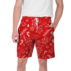 Мужские шорты 3D с принтом Новогоднее настроение RED в Кировске,  полиэстер 100% | прямой крой, два кармана без застежек по бокам. Мягкая трикотажная резинка на поясе, внутри которой широкие завязки. Длина чуть выше колен | настроение | новый год | печенье | подарки