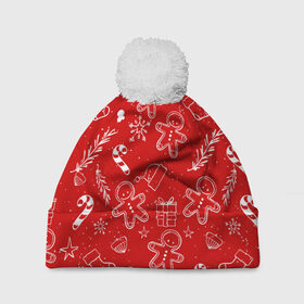 Шапка 3D c помпоном с принтом Новогоднее настроение RED в Кировске, 100% полиэстер | универсальный размер, печать по всей поверхности изделия | настроение | новый год | печенье | подарки