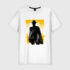Мужская футболка премиум с принтом Клинт Иствуд в Кировске, 92% хлопок, 8% лайкра | приталенный силуэт, круглый вырез ворота, длина до линии бедра, короткий рукав | актер | вестерн | дикий запад | кино | клинт иствуд | ковбой | солнце | стрелок | человек | шляпа