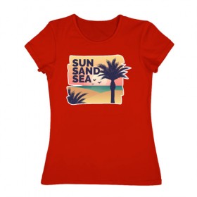Женская футболка хлопок с принтом Солнце, песок, море в Кировске, 100% хлопок | прямой крой, круглый вырез горловины, длина до линии бедер, слегка спущенное плечо | лето | море | отдых | пальма | песок | пляж | путешествия | солнце