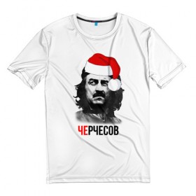 Мужская футболка 3D с принтом Черчесов Новогодний в Кировске, 100% полиэфир | прямой крой, круглый вырез горловины, длина до линии бедер | 
