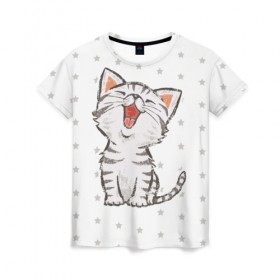Женская футболка 3D с принтом Милейший Котик в Кировске, 100% полиэфир ( синтетическое хлопкоподобное полотно) | прямой крой, круглый вырез горловины, длина до линии бедер | cat | cats | cute | kitten | kitty | pussy | smile | звезды | кот | котенок | котик | котики | коты | котята | кошечка | кошечки | кошка | кошки | милая | милота | милый | полосатый | смеется | улыбается | улыбака | улыбка