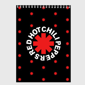 Скетчбук с принтом Red Hot Chili Peppers в Кировске, 100% бумага
 | 48 листов, плотность листов — 100 г/м2, плотность картонной обложки — 250 г/м2. Листы скреплены сверху удобной пружинной спиралью | Тематика изображения на принте: chili | cross | hot | logo | music | peppers | red | red hot chili peppers | rhcp | rock | star | symbol | звезда | звездочка | красная | красный | крест | логотип | музыка | перцы | рок | символ | цветок | цветочек | чили