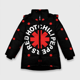 Зимняя куртка для девочек 3D с принтом Red Hot Chili Peppers в Кировске, ткань верха — 100% полиэстер; подклад — 100% полиэстер, утеплитель — 100% полиэстер. | длина ниже бедра, удлиненная спинка, воротник стойка и отстегивающийся капюшон. Есть боковые карманы с листочкой на кнопках, утяжки по низу изделия и внутренний карман на молнии. 

Предусмотрены светоотражающий принт на спинке, радужный светоотражающий элемент на пуллере молнии и на резинке для утяжки. | chili | cross | hot | logo | music | peppers | red | red hot chili peppers | rhcp | rock | star | symbol | звезда | звездочка | красная | красный | крест | логотип | музыка | перцы | рок | символ | цветок | цветочек | чили