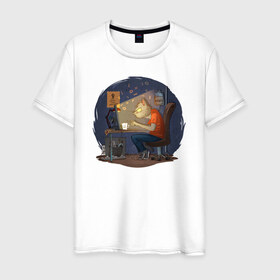 Мужская футболка хлопок с принтом IT - кот в Кировске, 100% хлопок | прямой крой, круглый вырез горловины, длина до линии бедер, слегка спущенное плечо. | birdborn | it | админ | подарок | программист | профессия | работа