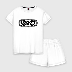 Женская пижама с шортиками хлопок с принтом BIKE в Кировске, 100% хлопок | футболка прямого кроя, шорты свободные с широкой мягкой резинкой | bike | байк | вело | велосипед | велосипедист | велосипедный | ехать | звезда | звено | колесо | крутить | логотип | педали | спорт | спортивный | фраза | цепь | черно белый | черный | эмблема