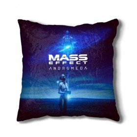 Подушка 3D с принтом MASS EFFECT ANDROMEDA в Кировске, наволочка – 100% полиэстер, наполнитель – холлофайбер (легкий наполнитель, не вызывает аллергию). | состоит из подушки и наволочки. Наволочка на молнии, легко снимается для стирки | amdromeda initiative | andromeda | game | gun | hemet | n7 | rifle | ryder | soldier | space | star | weapon