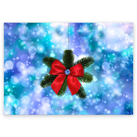 Поздравительная открытка с принтом Новогодний бантик в Кировске, 100% бумага | плотность бумаги 280 г/м2, матовая, на обратной стороне линовка и место для марки
 | christmas | cookie | gift | gingerbread | new | present | snow | snowflakes | three | xmas | year | год | ёлка | ель | новый | подарок | пряник | рождество | снег | снежинки | сюрприз