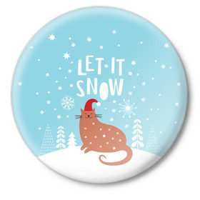 Значок с принтом Новогодний котик в Кировске,  металл | круглая форма, металлическая застежка в виде булавки | Тематика изображения на принте: 