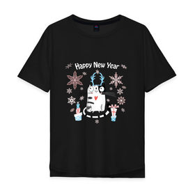Мужская футболка хлопок Oversize с принтом Котейко Счастливый Новый год в Кировске, 100% хлопок | свободный крой, круглый ворот, “спинка” длиннее передней части | котики | коты | кошки | новый год
