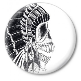 Значок с принтом Индейский демон в Кировске,  металл | круглая форма, металлическая застежка в виде булавки | indian | skeleton | skull | демон | индеец | перья | скелет | череп