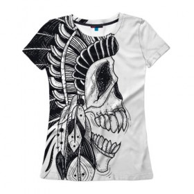Женская футболка 3D с принтом Индейский демон в Кировске, 100% полиэфир ( синтетическое хлопкоподобное полотно) | прямой крой, круглый вырез горловины, длина до линии бедер | indian | skeleton | skull | демон | индеец | перья | скелет | череп
