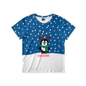 Детская футболка 3D с принтом Праздничный пингвинчик в Кировске, 100% гипоаллергенный полиэфир | прямой крой, круглый вырез горловины, длина до линии бедер, чуть спущенное плечо, ткань немного тянется | christmas | deer | new | pinguin | snow | snowflakes | winter | xmas | year | год | зима | новый | олень | пингвин | рождество | снег | снежинки