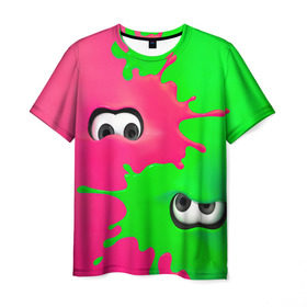 Мужская футболка 3D с принтом Splatoon в Кировске, 100% полиэфир | прямой крой, круглый вырез горловины, длина до линии бедер | брызги | глаза | зеленый | игра | краски | розовый | салатовый