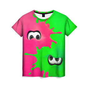 Женская футболка 3D с принтом Splatoon в Кировске, 100% полиэфир ( синтетическое хлопкоподобное полотно) | прямой крой, круглый вырез горловины, длина до линии бедер | Тематика изображения на принте: брызги | глаза | зеленый | игра | краски | розовый | салатовый