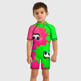 Детский купальный костюм 3D с принтом Splatoon в Кировске, Полиэстер 85%, Спандекс 15% | застежка на молнии на спине | брызги | глаза | зеленый | игра | краски | розовый | салатовый