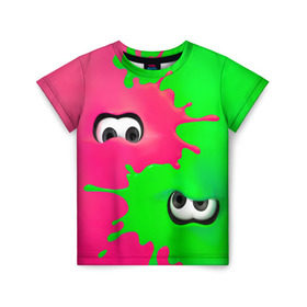 Детская футболка 3D с принтом Splatoon в Кировске, 100% гипоаллергенный полиэфир | прямой крой, круглый вырез горловины, длина до линии бедер, чуть спущенное плечо, ткань немного тянется | брызги | глаза | зеленый | игра | краски | розовый | салатовый