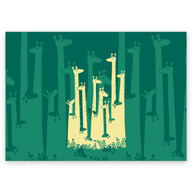 Поздравительная открытка с принтом Жирафы в Кировске, 100% бумага | плотность бумаги 280 г/м2, матовая, на обратной стороне линовка и место для марки
 | Тематика изображения на принте: africa | animals | fantasy | giraffes | long | neck | silhouette | spots | stencil | surrealism | аниме | африка | ветки | длинная | животные | жирафы | зелёный | картинка | крутой | листья | лучший | пятна | растения | рисунок | силуэт