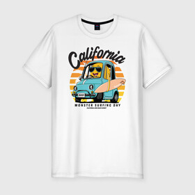 Мужская футболка хлопок Slim с принтом Калифорния в Кировске, 92% хлопок, 8% лайкра | приталенный силуэт, круглый вырез ворота, длина до линии бедра, короткий рукав | california | surfing | авто | калифорния | лето | монстр | серфинг