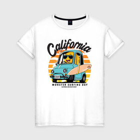 Женская футболка хлопок с принтом Калифорния в Кировске, 100% хлопок | прямой крой, круглый вырез горловины, длина до линии бедер, слегка спущенное плечо | california | surfing | авто | калифорния | лето | монстр | серфинг
