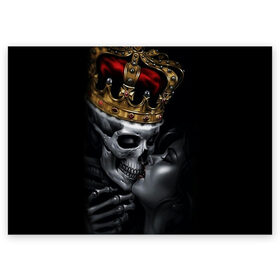 Поздравительная открытка с принтом Скелет и девушка в Кировске, 100% бумага | плотность бумаги 280 г/м2, матовая, на обратной стороне линовка и место для марки
 | девушка | женщина | король | корона | любовь | пара | поцелуй | скелет | череп