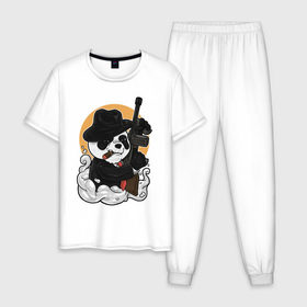 Мужская пижама хлопок с принтом Гангстер Панда в Кировске, 100% хлопок | брюки и футболка прямого кроя, без карманов, на брюках мягкая резинка на поясе и по низу штанин
 | автомат | банда | гангстер | мафия | панда | панды | преступник | томпсон