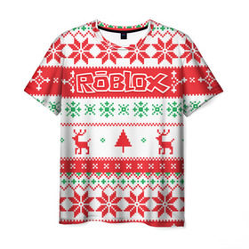 Мужская футболка 3D с принтом Новогодний Roblox в Кировске, 100% полиэфир | прямой крой, круглый вырез горловины, длина до линии бедер | dynablocks | roblox | блоки | вселенная | герои | год | кубики | новый | роблокс | снег | снежинки | узор