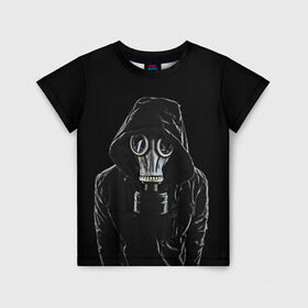Детская футболка 3D с принтом Противогаз в Кировске, 100% гипоаллергенный полиэфир | прямой крой, круглый вырез горловины, длина до линии бедер, чуть спущенное плечо, ткань немного тянется | Тематика изображения на принте: капюшон | мужчина | противогаз | человек | черный