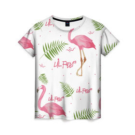 Женская футболка 3D с принтом Lil Peep pink flamingo в Кировске, 100% полиэфир ( синтетическое хлопкоподобное полотно) | прямой крой, круглый вырез горловины, длина до линии бедер | benz truck | girls. pink | gustav hr | hip hop | lil | lil peep | peep | rap | лил | лилпип | листья | пальма | пальмы | пип | розовый | рэп | фламинго | хип хоп | эмо | эмо реп