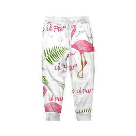 Детские брюки 3D с принтом Lil Peep pink flamingo в Кировске, 100% полиэстер | манжеты по низу, эластичный пояс регулируется шнурком, по бокам два кармана без застежек, внутренняя часть кармана из мелкой сетки | benz truck | girls. pink | gustav hr | hip hop | lil | lil peep | peep | rap | лил | лилпип | листья | пальма | пальмы | пип | розовый | рэп | фламинго | хип хоп | эмо | эмо реп