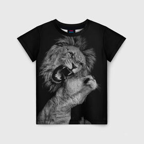 Детская футболка 3D с принтом Лев и львица в Кировске, 100% гипоаллергенный полиэфир | прямой крой, круглый вырез горловины, длина до линии бедер, чуть спущенное плечо, ткань немного тянется | животные | кот | кошка | лев | львица | оскал | природа | рык | рычит | хищник