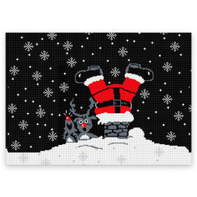 Поздравительная открытка с принтом Санта Клаус в трубе в Кировске, 100% бумага | плотность бумаги 280 г/м2, матовая, на обратной стороне линовка и место для марки
 | 2019 | вверх ногами | год | дед мороз | животные | зима | из трубы | кирпичи | клаус | красный | крыша | мыши | новый год | нос | ночь | падает | подарок | поздравление | праздник | ремень | рождество