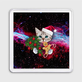 Магнит 55*55 с принтом astro cat в Кировске, Пластик | Размер: 65*65 мм; Размер печати: 55*55 мм | art | cat | new year | pizza | space | абстракция | еда | ёлка | звезды | киса | космос | кот | кот в космосе | кот с едой | котенок | котик | кошка | новый год | пицца | праздник | рождество | шапка