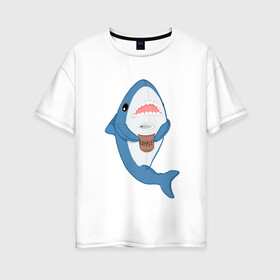 Женская футболка хлопок Oversize с принтом Hype Shark в Кировске, 100% хлопок | свободный крой, круглый ворот, спущенный рукав, длина до линии бедер
 | coffee | cute | hype | kawaii | shark | акула | кофе | милый | море | рыба | хищник