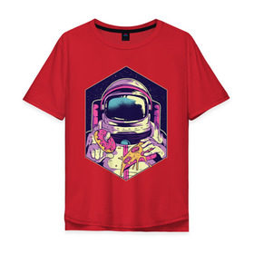 Мужская футболка хлопок Oversize с принтом Космонавт с Едой в Кировске, 100% хлопок | свободный крой, круглый ворот, “спинка” длиннее передней части | астронавт | в космосе | галактика | еда | звезды | космонавт | космос | пицца | пончик