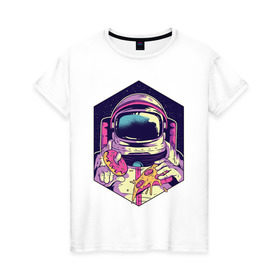 Женская футболка хлопок с принтом Космонавт с Едой в Кировске, 100% хлопок | прямой крой, круглый вырез горловины, длина до линии бедер, слегка спущенное плечо | астронавт | в космосе | галактика | еда | звезды | космонавт | космос | пицца | пончик