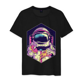 Мужская футболка хлопок с принтом Космонавт с Едой в Кировске, 100% хлопок | прямой крой, круглый вырез горловины, длина до линии бедер, слегка спущенное плечо. | Тематика изображения на принте: астронавт | в космосе | галактика | еда | звезды | космонавт | космос | пицца | пончик