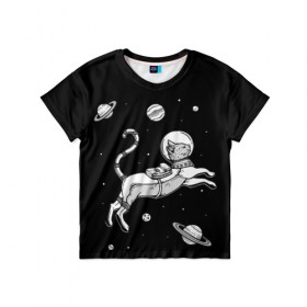 Детская футболка 3D с принтом кот в скафандре в Кировске, 100% гипоаллергенный полиэфир | прямой крой, круглый вырез горловины, длина до линии бедер, чуть спущенное плечо, ткань немного тянется | space | астронавт | галактика | звезды | космонавт | космос | кот | планеты | скафандр