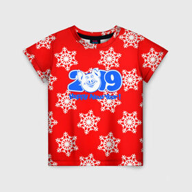 Детская футболка 3D с принтом HAPPY NEW YEAR 2019 в Кировске, 100% гипоаллергенный полиэфир | прямой крой, круглый вырез горловины, длина до линии бедер, чуть спущенное плечо, ткань немного тянется | christmas | new year | pig | snow | год свиньи | ёлка | зима | кабан | каникулы | новогодний паттерн | новый год | праздник | рождество | свинья | снег | снежинки