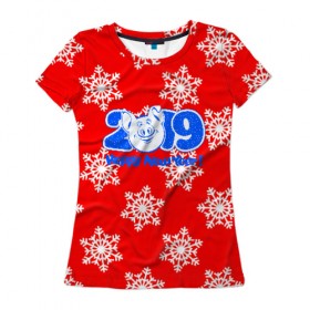 Женская футболка 3D с принтом HAPPY NEW YEAR 2019 в Кировске, 100% полиэфир ( синтетическое хлопкоподобное полотно) | прямой крой, круглый вырез горловины, длина до линии бедер | christmas | new year | pig | snow | год свиньи | ёлка | зима | кабан | каникулы | новогодний паттерн | новый год | праздник | рождество | свинья | снег | снежинки