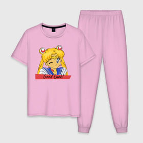 Мужская пижама хлопок с принтом Sailor Moon Good Luck в Кировске, 100% хлопок | брюки и футболка прямого кроя, без карманов, на брюках мягкая резинка на поясе и по низу штанин
 | good luck | goodluck | sailor moon | sailormoon | мультик | мультяшка | надпись | сейлор мун | сейлормун | сэйлормун | удачи