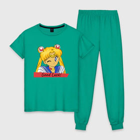 Женская пижама хлопок с принтом Sailor Moon Good Luck в Кировске, 100% хлопок | брюки и футболка прямого кроя, без карманов, на брюках мягкая резинка на поясе и по низу штанин | good luck | goodluck | sailor moon | sailormoon | мультик | мультяшка | надпись | сейлор мун | сейлормун | сэйлормун | удачи