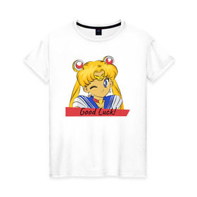 Женская футболка хлопок с принтом Sailor Moon Good Luck в Кировске, 100% хлопок | прямой крой, круглый вырез горловины, длина до линии бедер, слегка спущенное плечо | good luck | goodluck | sailor moon | sailormoon | мультик | мультяшка | надпись | сейлор мун | сейлормун | сэйлормун | удачи