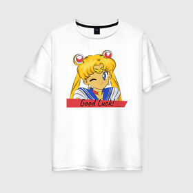 Женская футболка хлопок Oversize с принтом Sailor Moon Good Luck в Кировске, 100% хлопок | свободный крой, круглый ворот, спущенный рукав, длина до линии бедер
 | good luck | goodluck | sailor moon | sailormoon | мультик | мультяшка | надпись | сейлор мун | сейлормун | сэйлормун | удачи