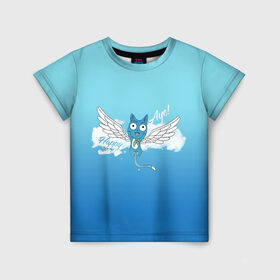 Детская футболка 3D с принтом Happy Aye! (Fairy Tail) в Кировске, 100% гипоаллергенный полиэфир | прямой крой, круглый вырез горловины, длина до линии бедер, чуть спущенное плечо, ткань немного тянется | Тематика изображения на принте: anime | blue | cat | fairy tail | happy | аниме | кот | кошка | синий | хвост феи | хэппи
