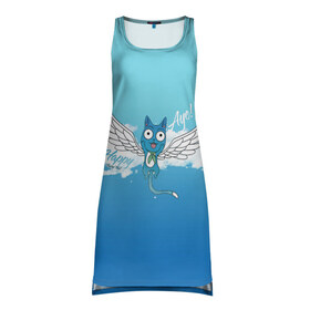 Платье-майка 3D с принтом Happy Aye! (Fairy Tail) в Кировске, 100% полиэстер | полуприлегающий силуэт, широкие бретели, круглый вырез горловины, удлиненный подол сзади. | anime | blue | cat | fairy tail | happy | аниме | кот | кошка | синий | хвост феи | хэппи