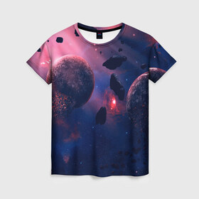 Женская футболка 3D с принтом КОСМОС в Кировске, 100% полиэфир ( синтетическое хлопкоподобное полотно) | прямой крой, круглый вырез горловины, длина до линии бедер | galaxy | nebula | space | star | абстракция | вселенная | галактика | звезда | звезды | космический | планеты