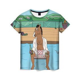 Женская футболка 3D с принтом Конь БоДжек в Кировске, 100% полиэфир ( синтетическое хлопкоподобное полотно) | прямой крой, круглый вырез горловины, длина до линии бедер | bojack | hollywood | horseman | бассейн | боджек | конь